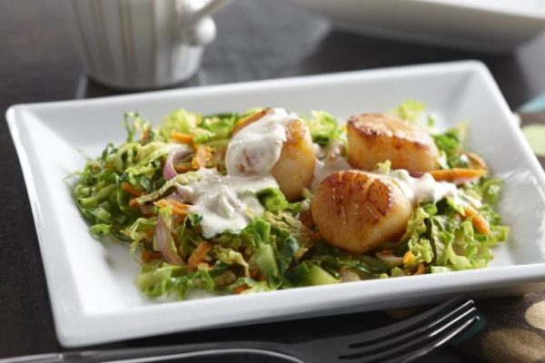 Smoky Sauteed Scallops on Wilted Brussels Sprouts Slaw with Tangerine Dressing